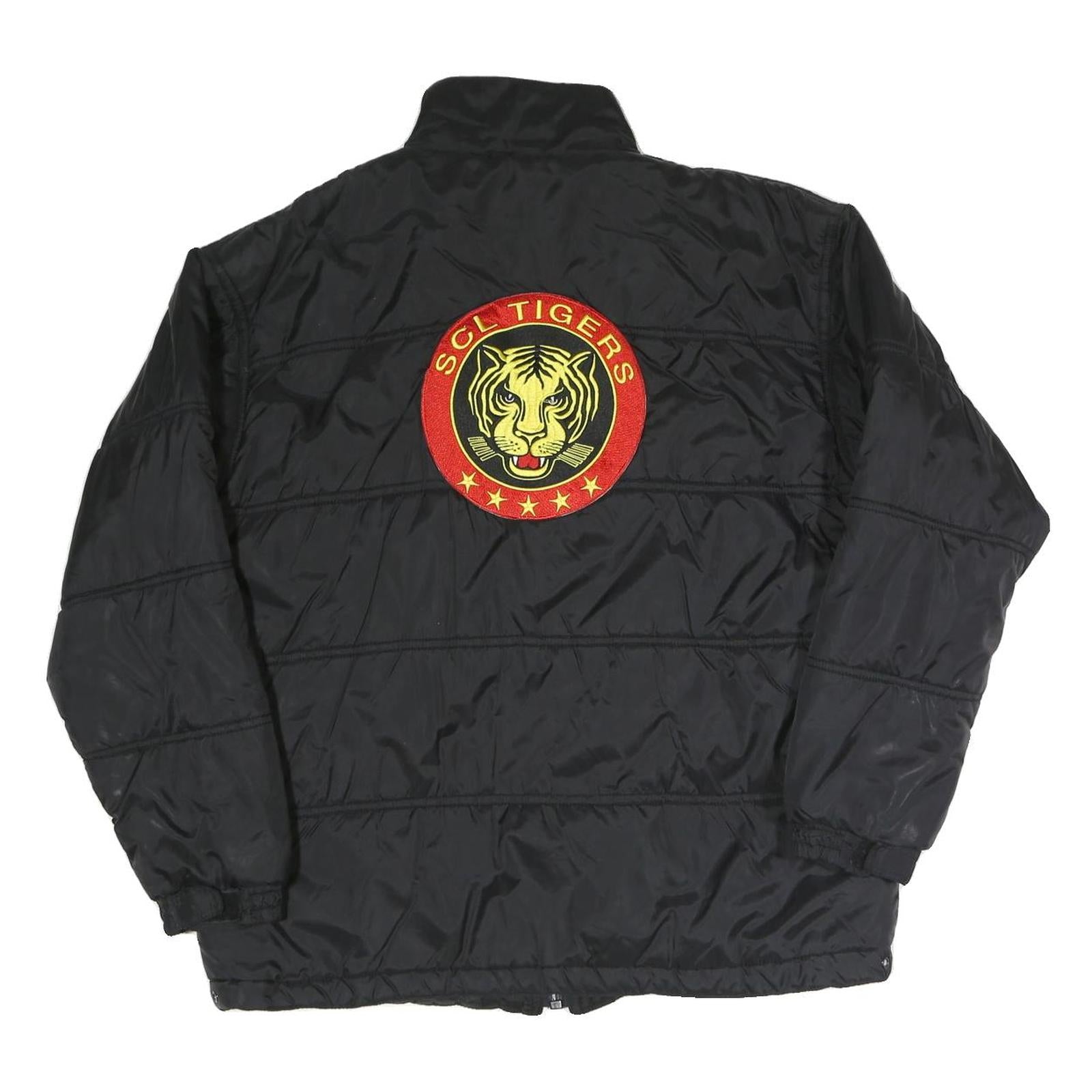 Mens Black Quilted Jacket Polyester Blend Tiger Logo L Zip Closure Stand-Up
