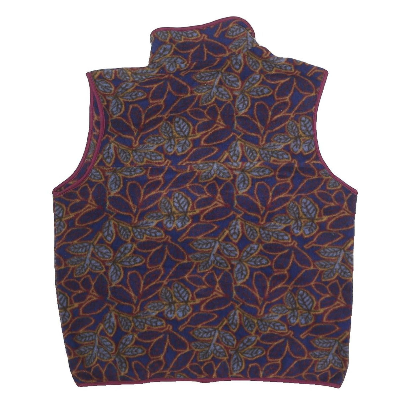 Mens Burgundy Blue Leaf Pattern Polyester Zip Sleeveless Jacket Vest L Casual