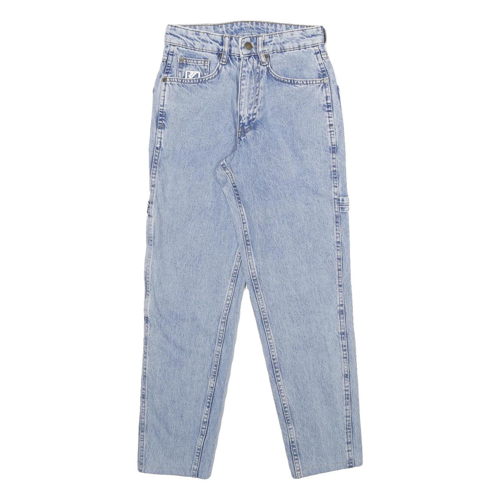 KARL KANI Mens Classic Light Blue Denim Jeans W24 L28 Logo Patchwork Cotton Zip