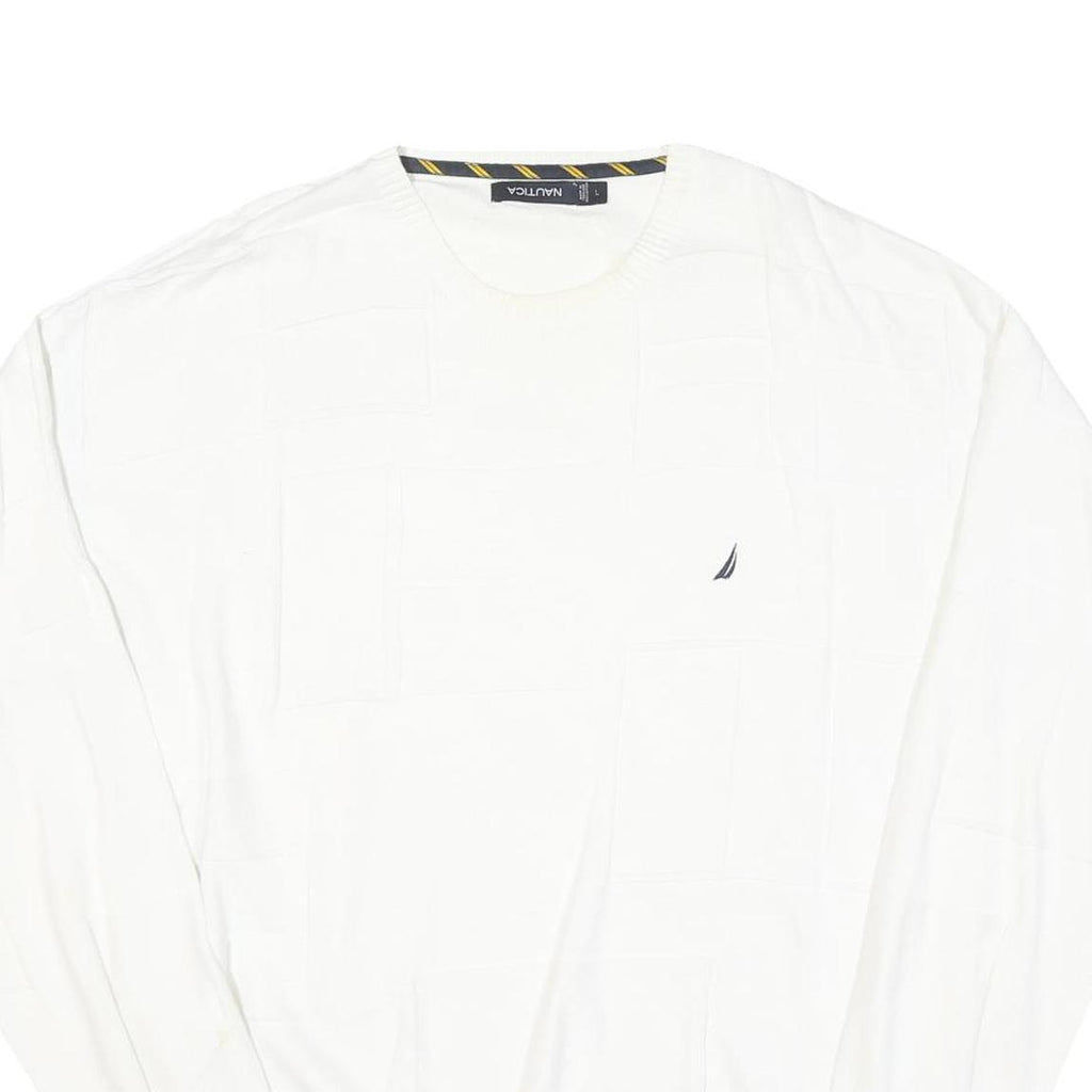 NAUTICA Mens White Pullover Plain Crew Neck Basic Knit L Cotton Blend Jumper