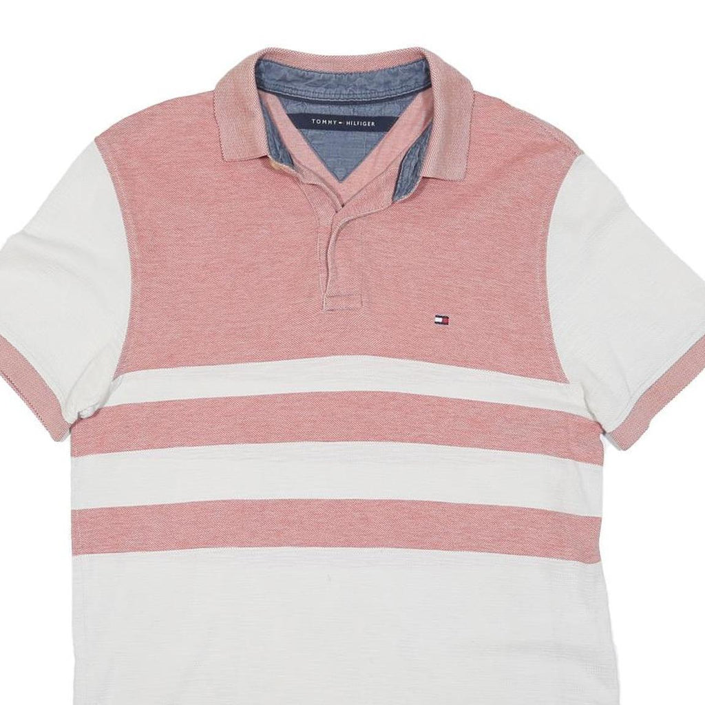 TOMMY HILFIGER Mens White & Red Short Sleeve Striped S Cotton Blend Polo Shirt