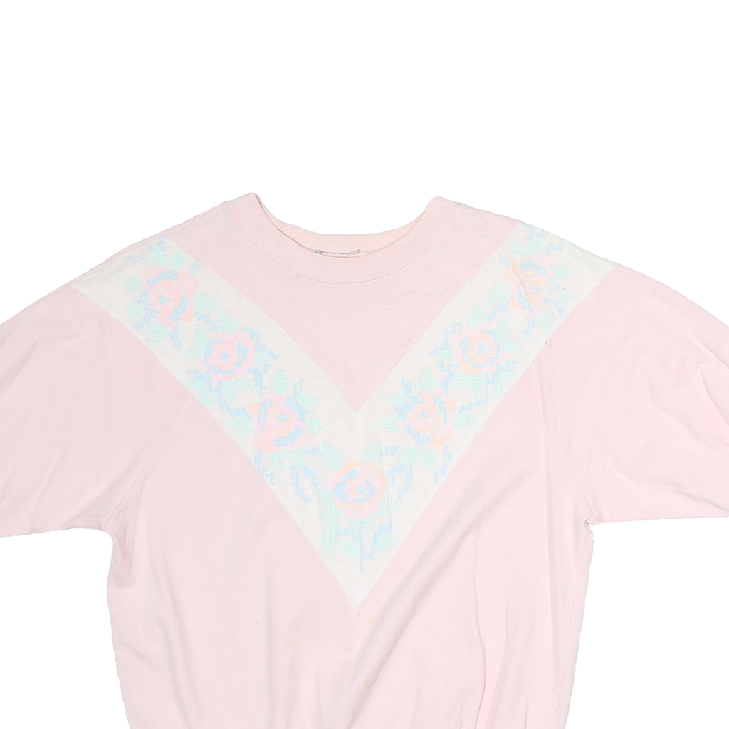 Womens Pink & White Graphic T-Shirt Floral Print M Short Sleeve Crew Neck