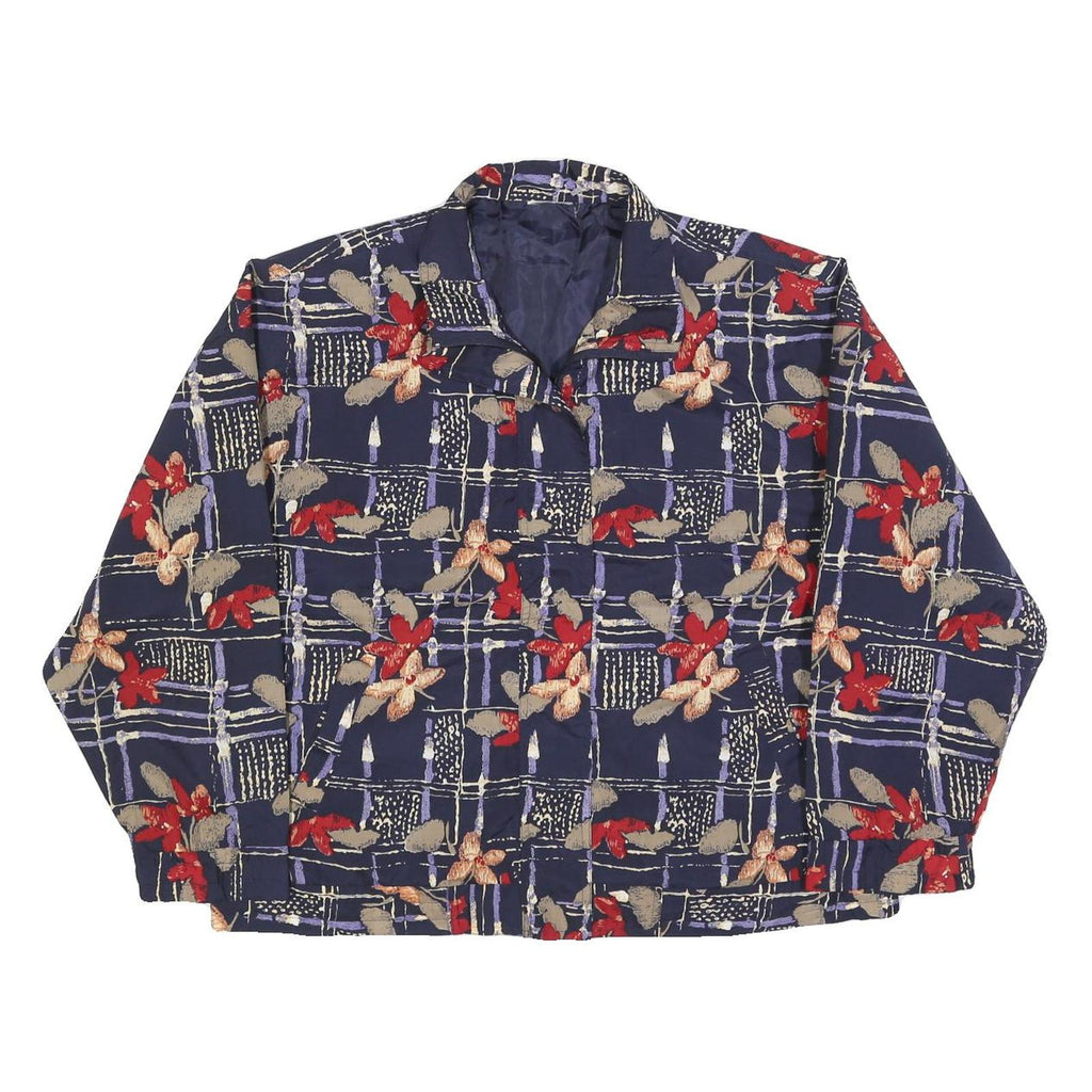 Womens Navy Blue Floral Check Print Zip Jacket L Polyester Blend Casual