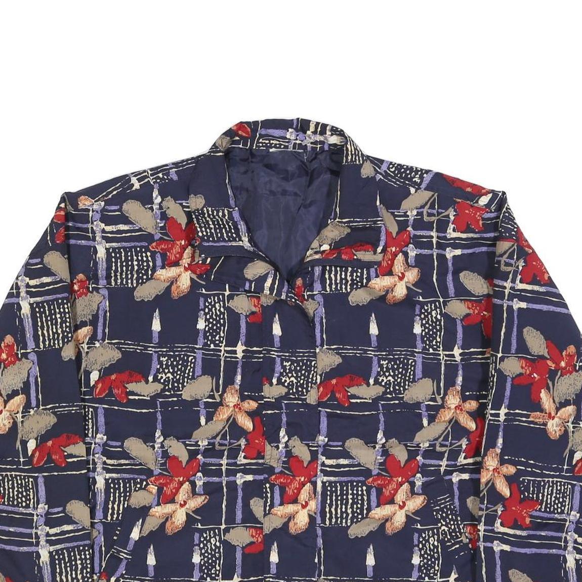 Womens Navy Blue Floral Check Print Zip Jacket L Polyester Blend Casual