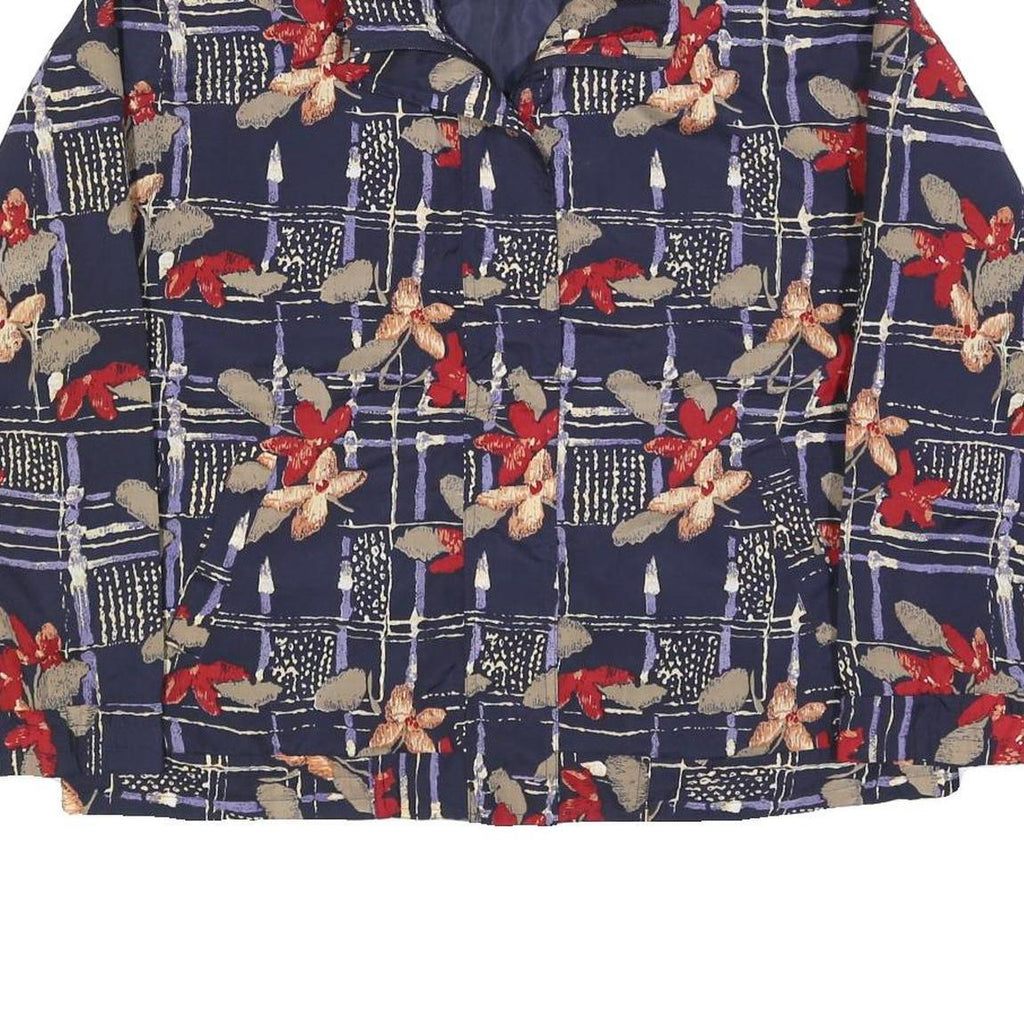 Womens Navy Blue Floral Check Print Zip Jacket L Polyester Blend Casual