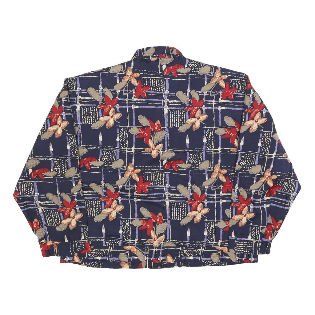 Womens Navy Blue Floral Check Print Zip Jacket L Polyester Blend Casual