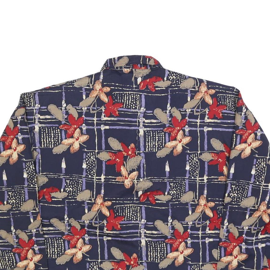 Womens Navy Blue Floral Check Print Zip Jacket L Polyester Blend Casual