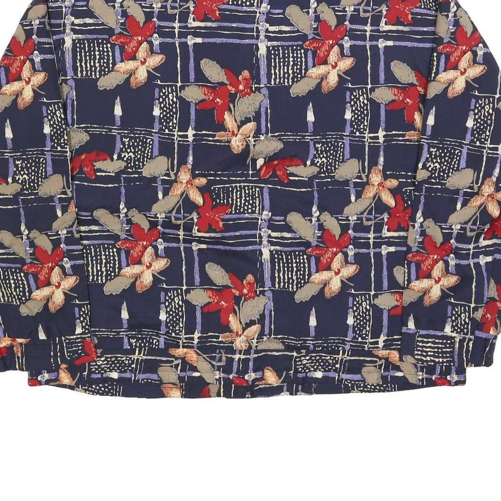Womens Navy Blue Floral Check Print Zip Jacket L Polyester Blend Casual