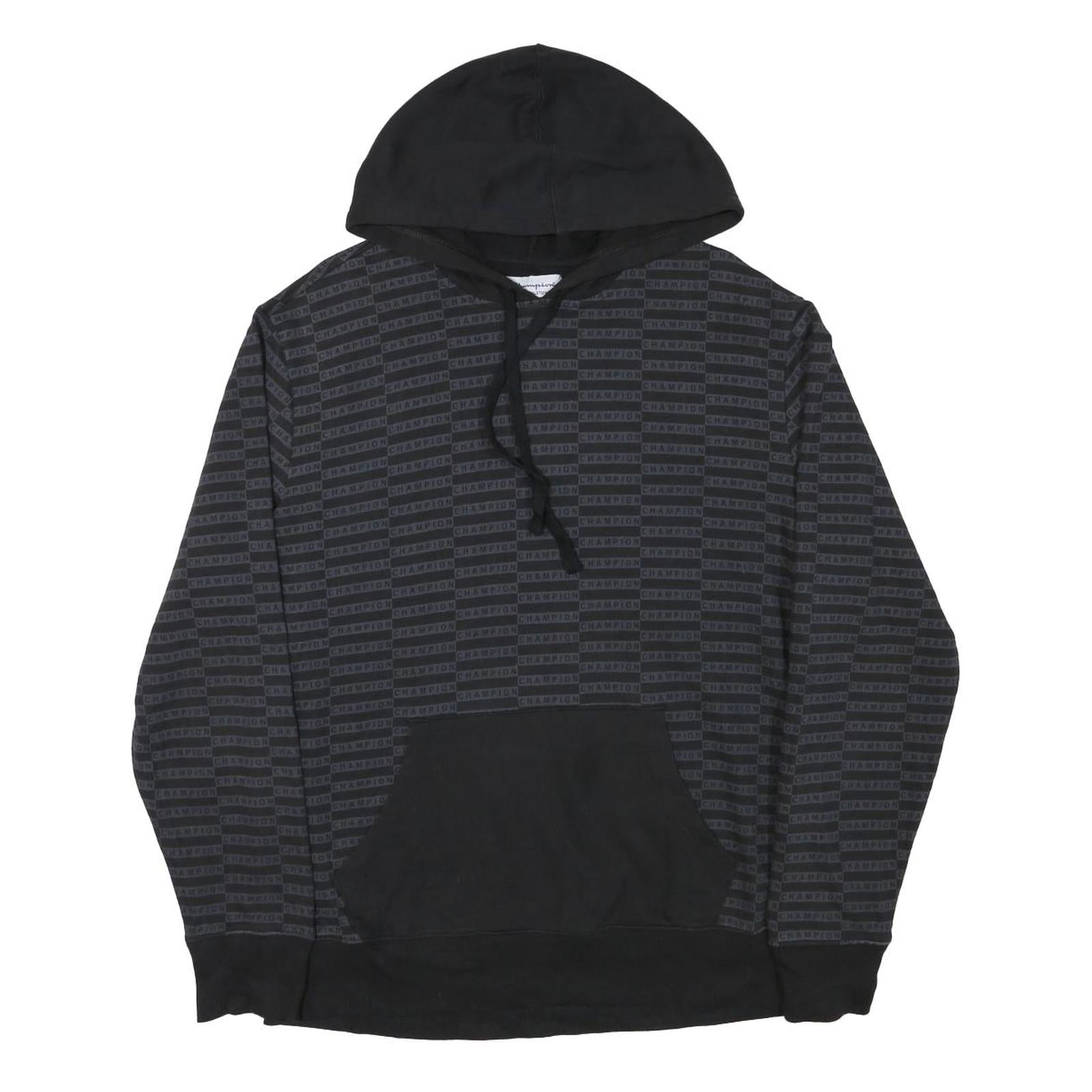 CHAMPION Mens Black All Over Logo Print Pullover Hoodie M Sweatshirt