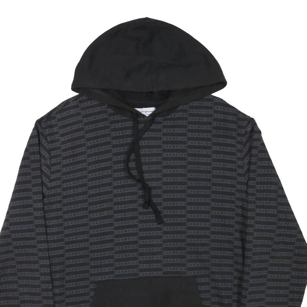 CHAMPION Mens Black All Over Logo Print Pullover Hoodie M Sweatshirt