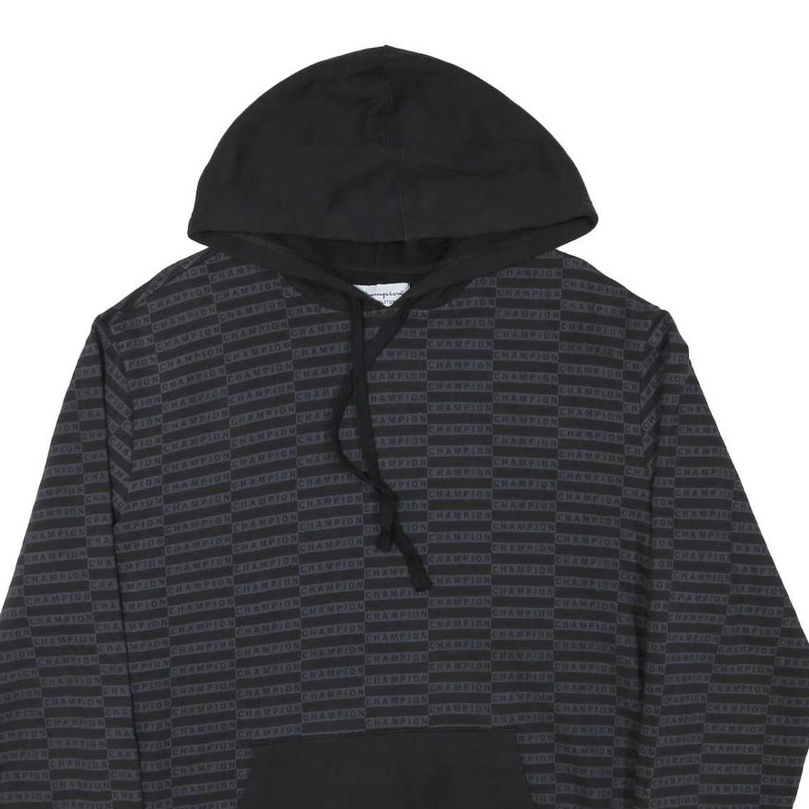 CHAMPION Mens Black All Over Logo Print Pullover Hoodie M Sweatshirt