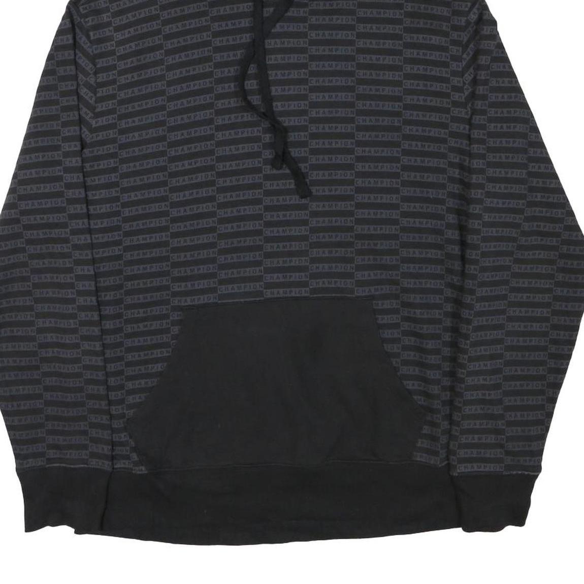 CHAMPION Mens Black All Over Logo Print Pullover Hoodie M Sweatshirt