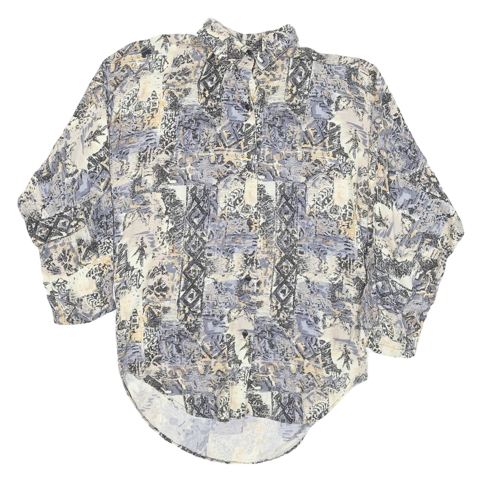 Womens Cream & Grey Abstract Pattern Cotton Blend Shirt L Oversized Casual