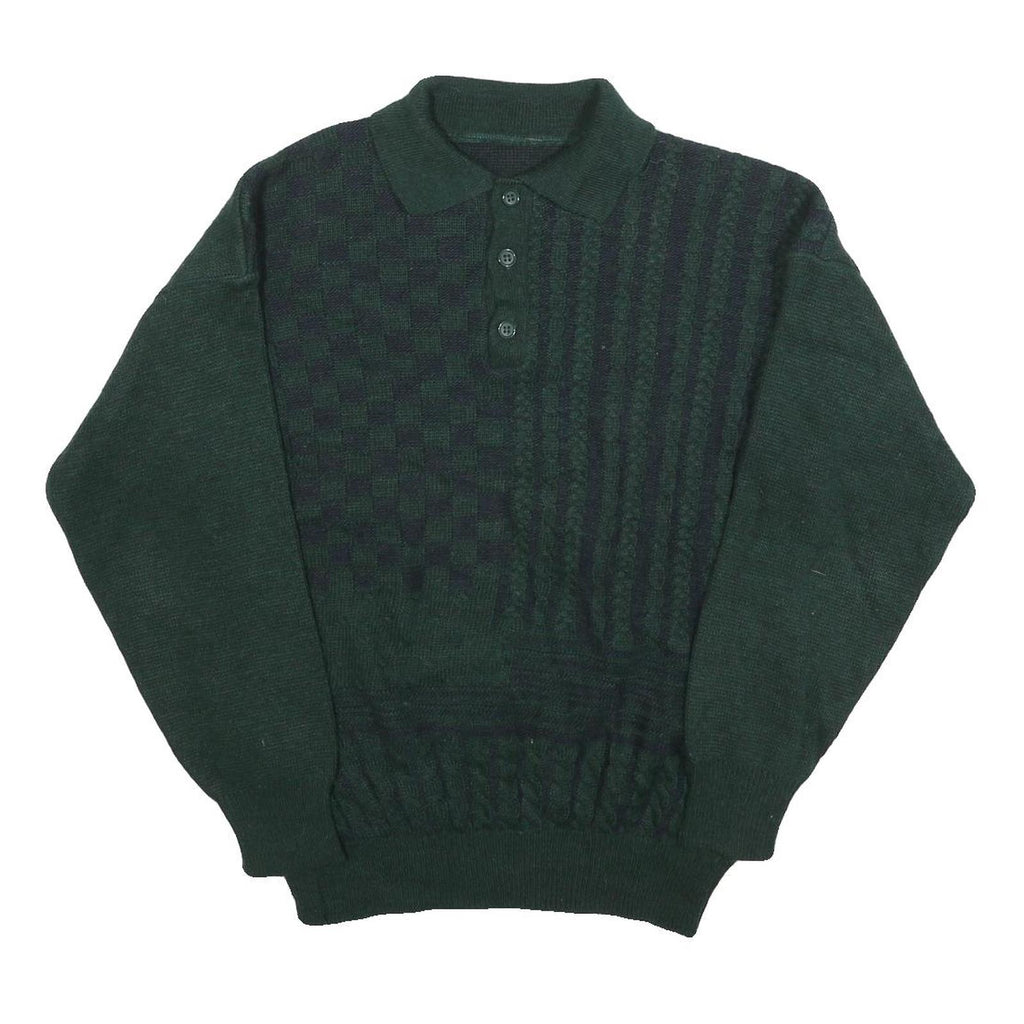 Mens Green Patterned Polo Jumper M Button Up Basic Knit Regular Fit Casual