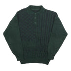 Mens Green Patterned Polo Jumper M Button Up Basic Knit Regular Fit Casual