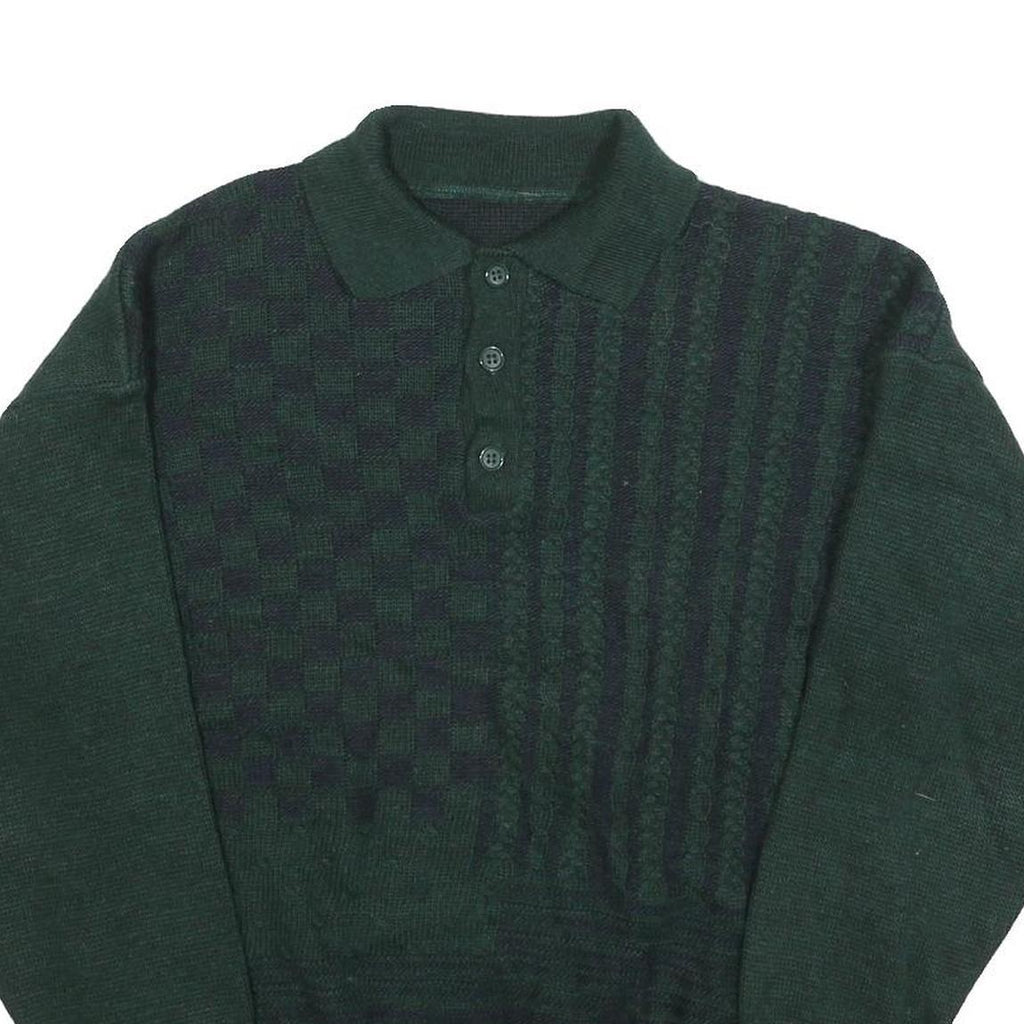 Mens Green Patterned Polo Jumper M Button Up Basic Knit Regular Fit Casual