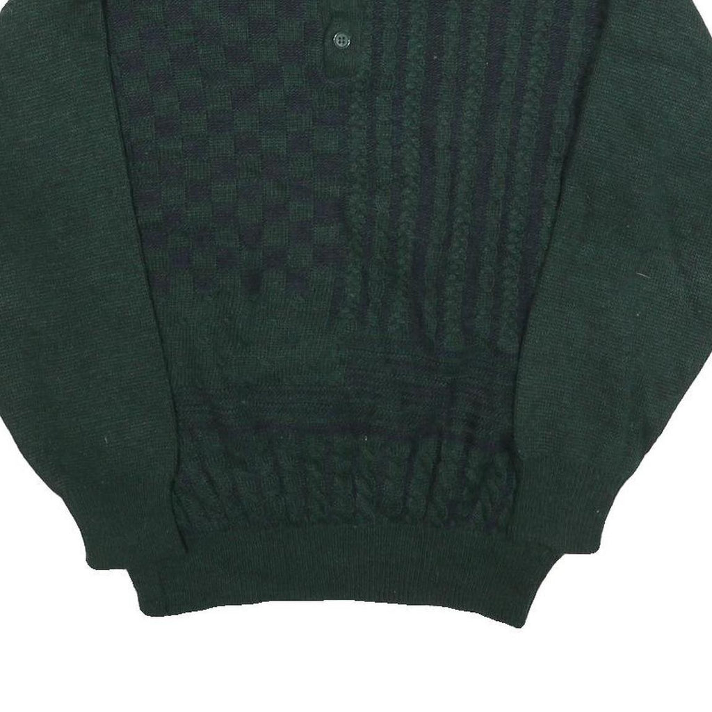 Mens Green Patterned Polo Jumper M Button Up Basic Knit Regular Fit Casual