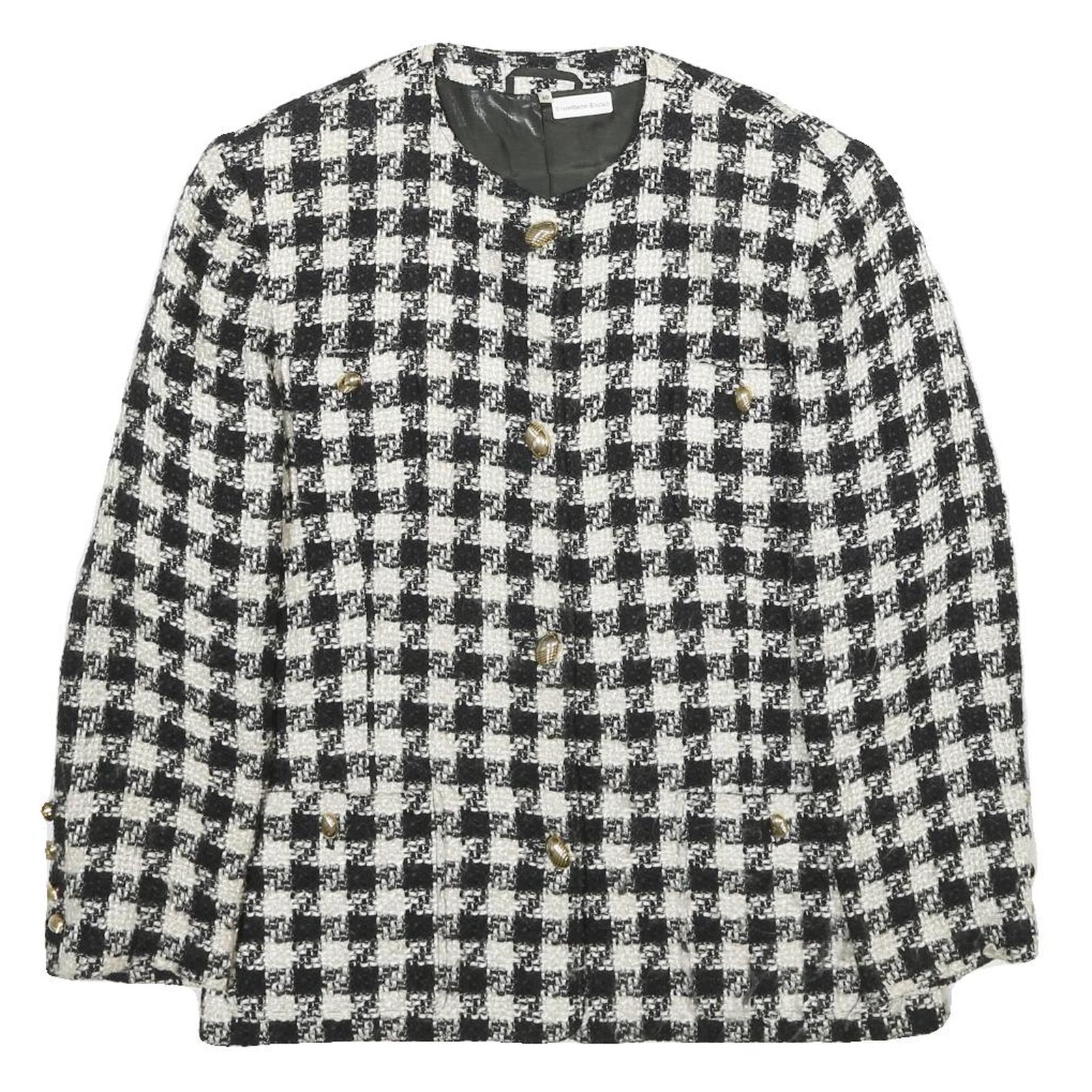 Womens Black & White Check Wool Blend Button Jacket UK 12 Classic Tailored Style