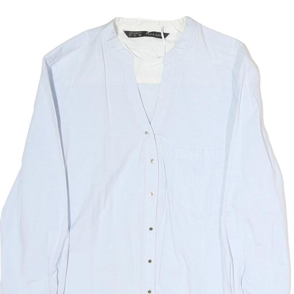 ZARA Womens White Cotton Blend Shirt Long Sleeve V Neck M Classic Button Up