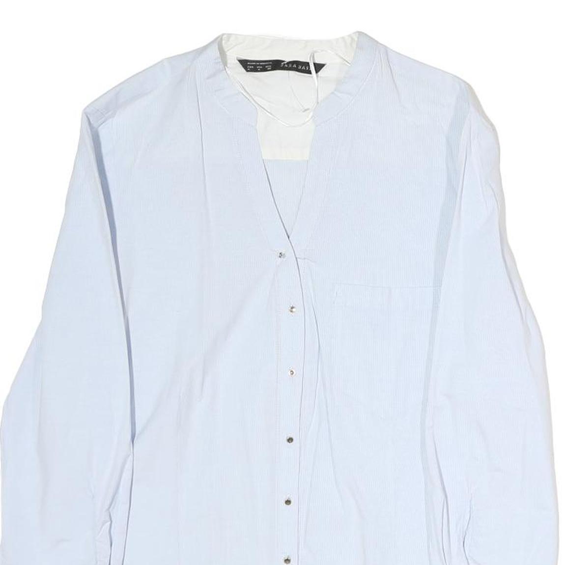 ZARA Womens White Cotton Blend Shirt Long Sleeve V Neck M Classic Button Up