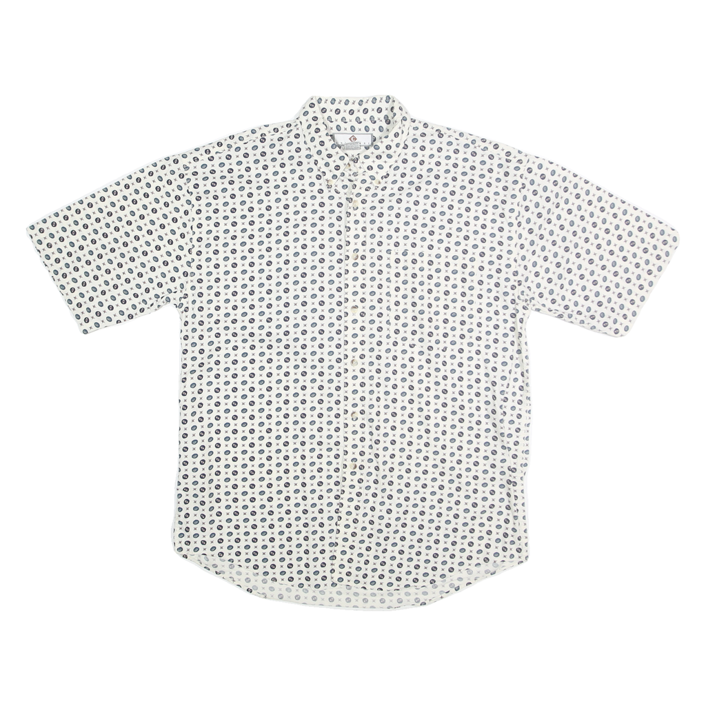 CHIAMARE Mens White & Navy Blue Printed Cotton Shirt L Button-Down Short Sleeve