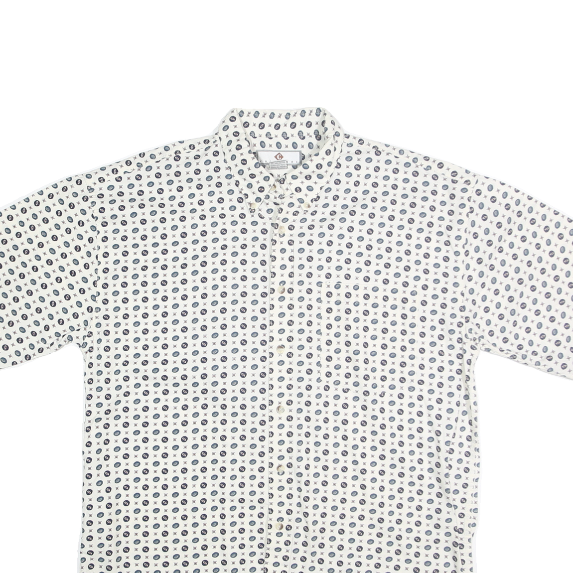 CHIAMARE Mens White & Navy Blue Printed Cotton Shirt L Button-Down Short Sleeve
