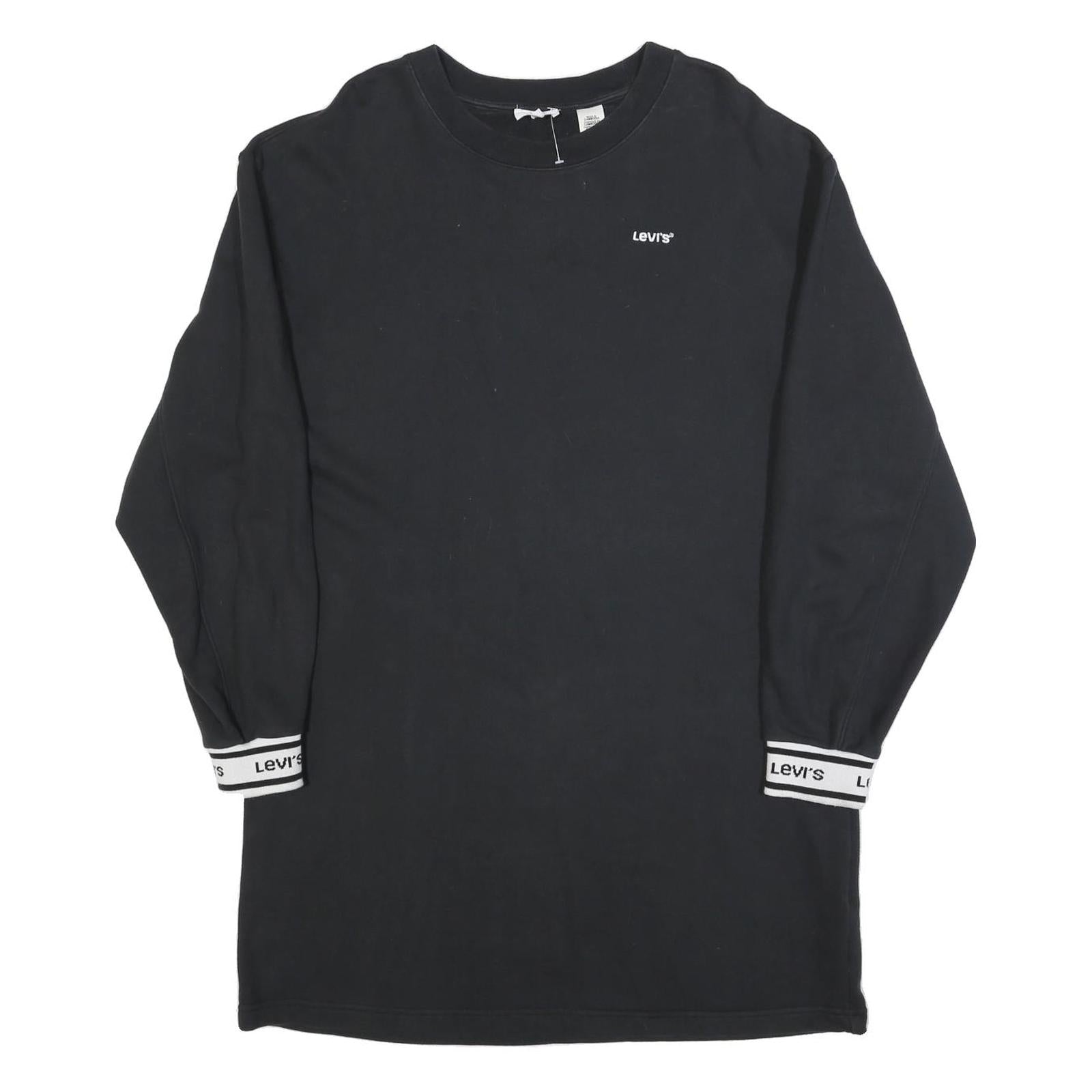 LEVI'S Womens Black Cotton Blend Jersey Long Sleeve Mini Dress L Logo Cuffs