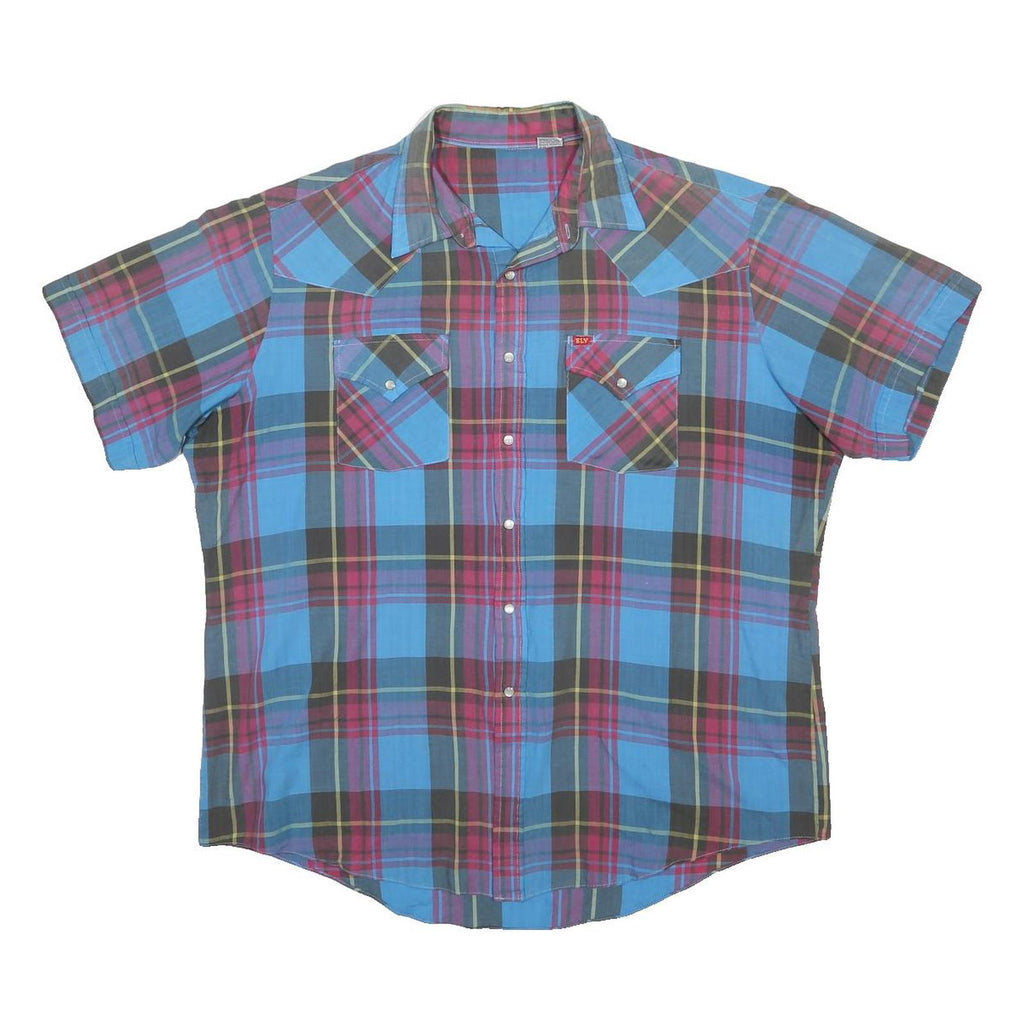 ELY Mens Blue Red Check Shirt XL Casual Cotton Blend Short Sleeve Button
