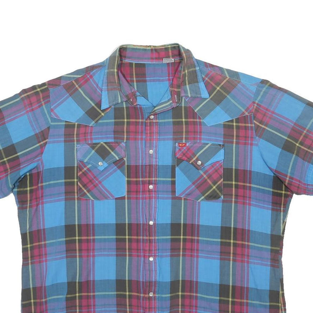 ELY Mens Blue Red Check Shirt XL Casual Cotton Blend Short Sleeve Button