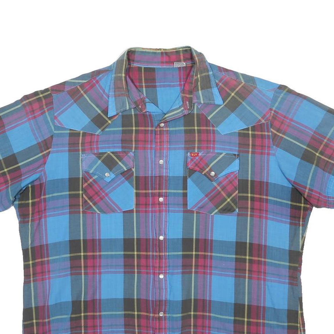 ELY Mens Blue Red Check Shirt XL Casual Cotton Blend Short Sleeve Button