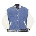 PATINA Womens Blue & White Cotton Blend Bomber Jacket M Button Plain Casual