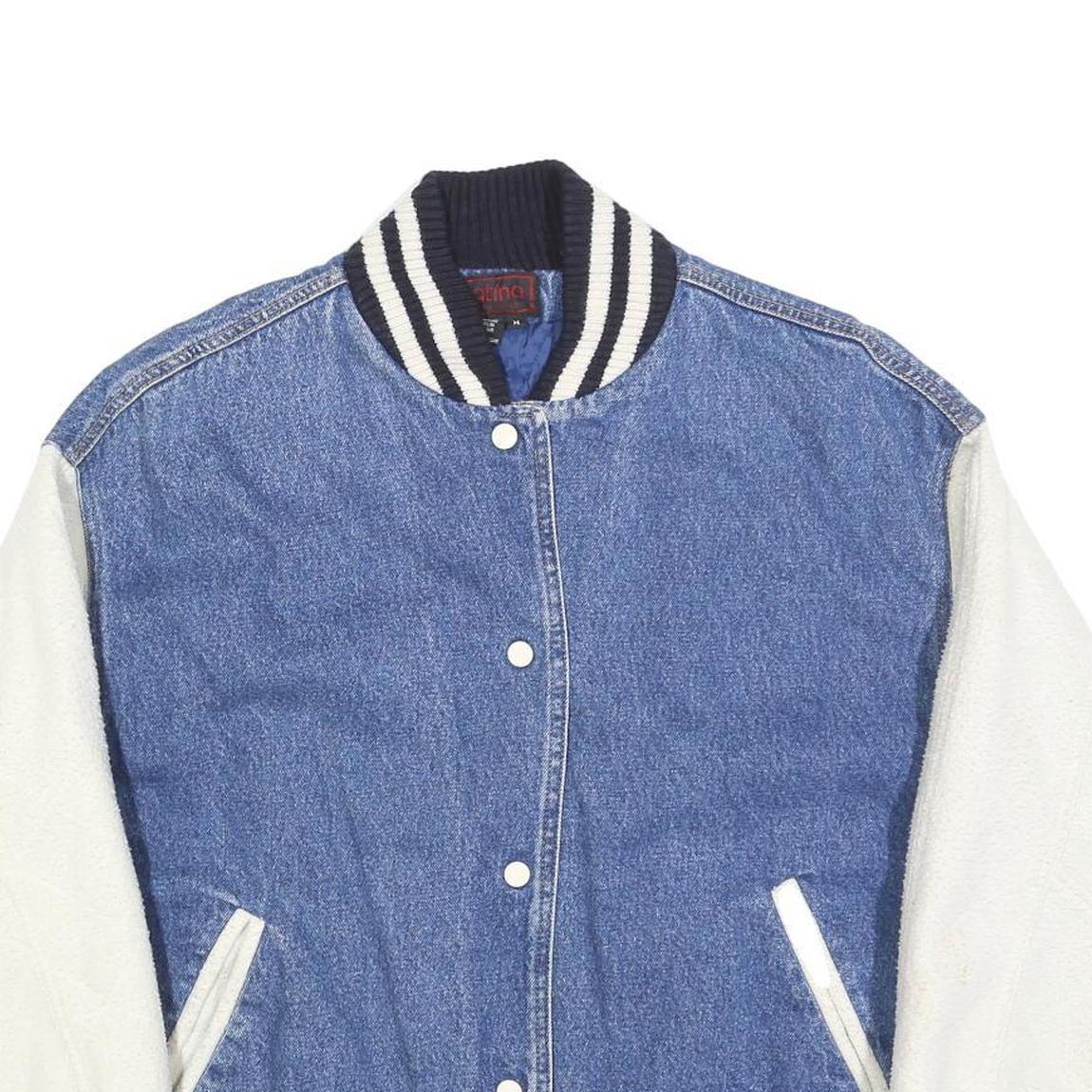 PATINA Womens Blue & White Cotton Blend Bomber Jacket M Button Plain Casual