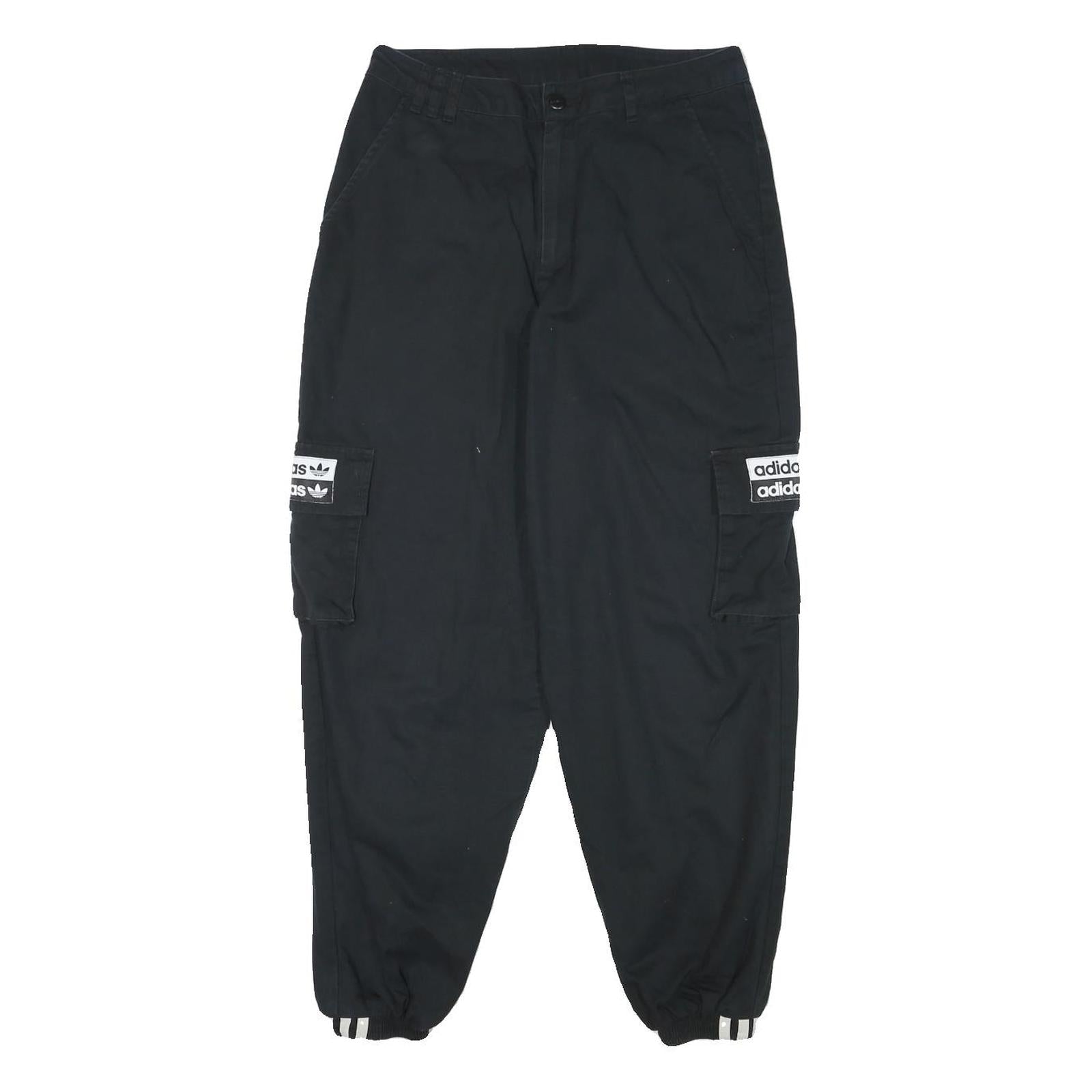 ADIDAS Mens Black Cotton Blend Relaxed Cargo Trousers W28 L26 Logo Zip Closure