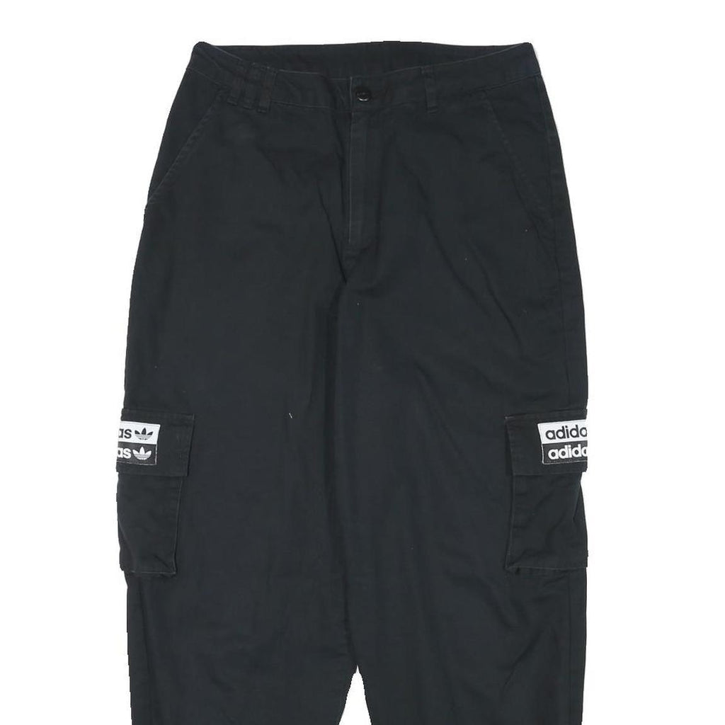 ADIDAS Mens Black Cotton Blend Relaxed Cargo Trousers W28 L26 Logo Zip Closure