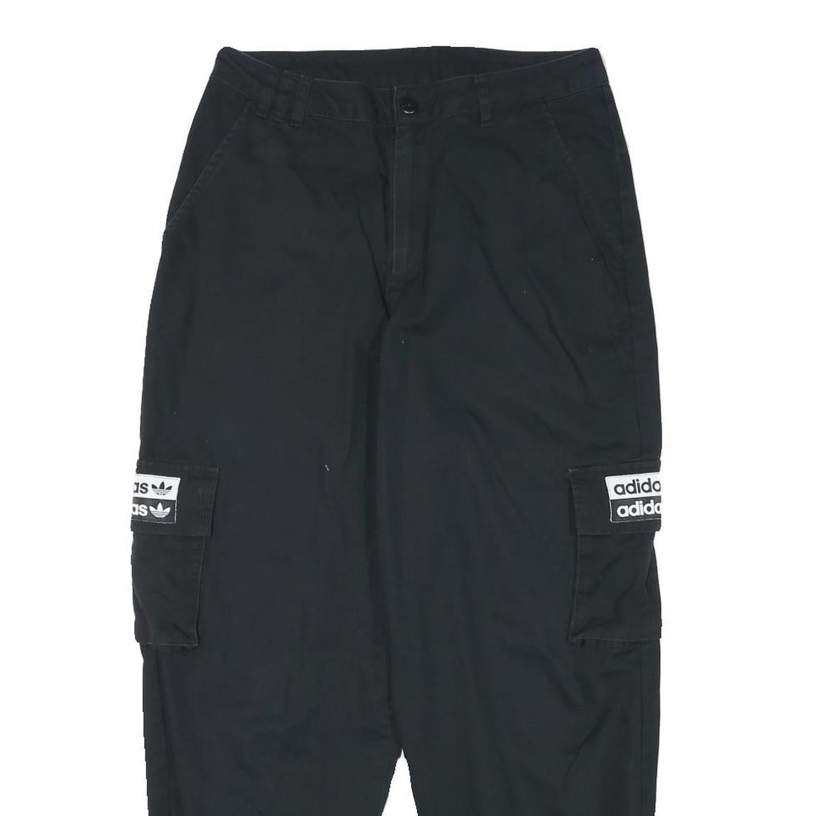 ADIDAS Mens Black Cotton Blend Relaxed Cargo Trousers W28 L26 Logo Zip Closure