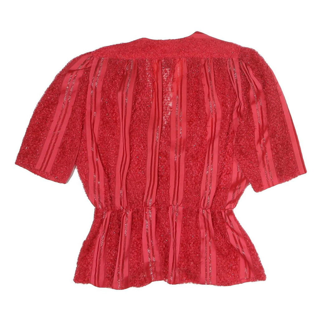 Womens Red Textured Stripe V-Neck Top M Polyester Blend Short Sleeve
