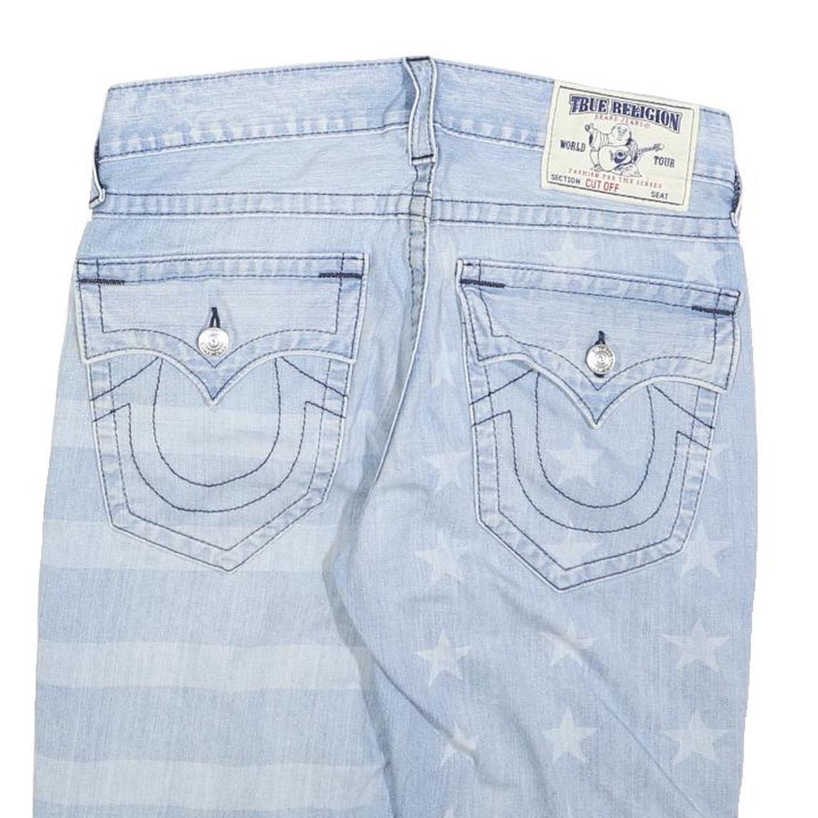 TRUE RELIGION Mens Denim Light Blue Stars & Stripes Cut-Off Shorts L W34