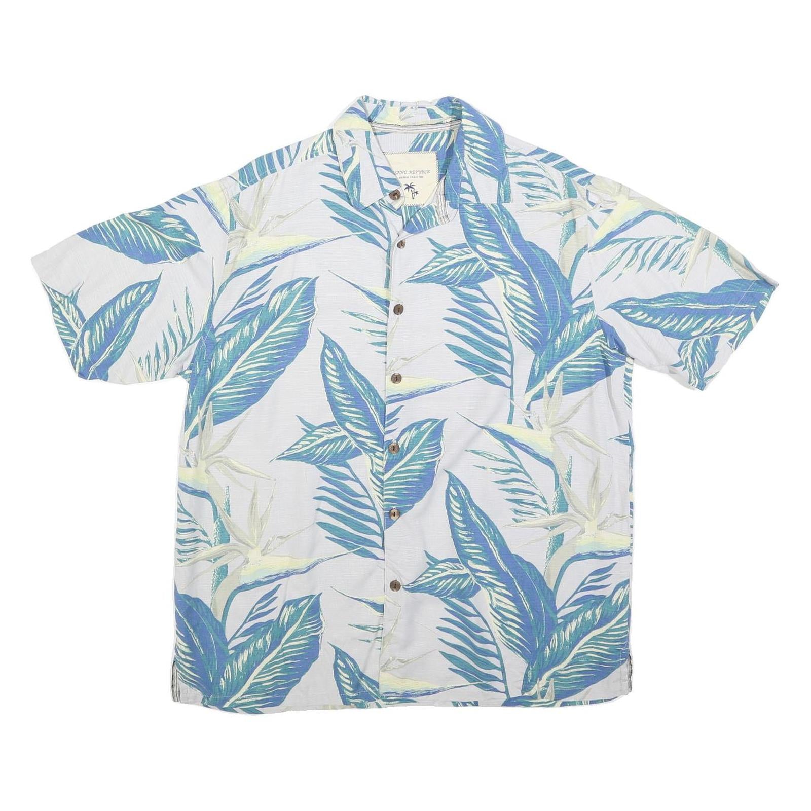 ISLAND REPUBLIC Mens White & Blue Tropical Print Silk Shirt L Casual Summer