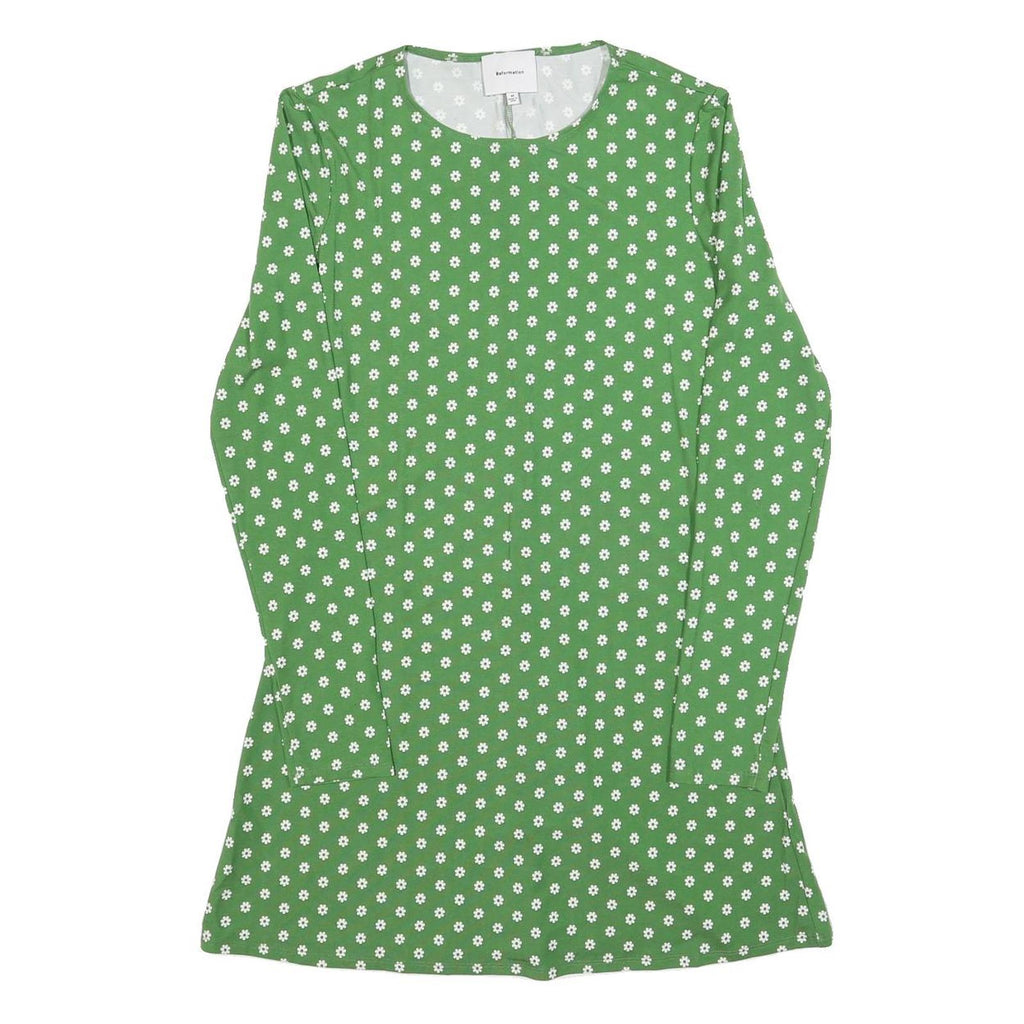 REFORMATION Womens Green & White Floral Day Jersey Long Sleeve Mini M Cotton