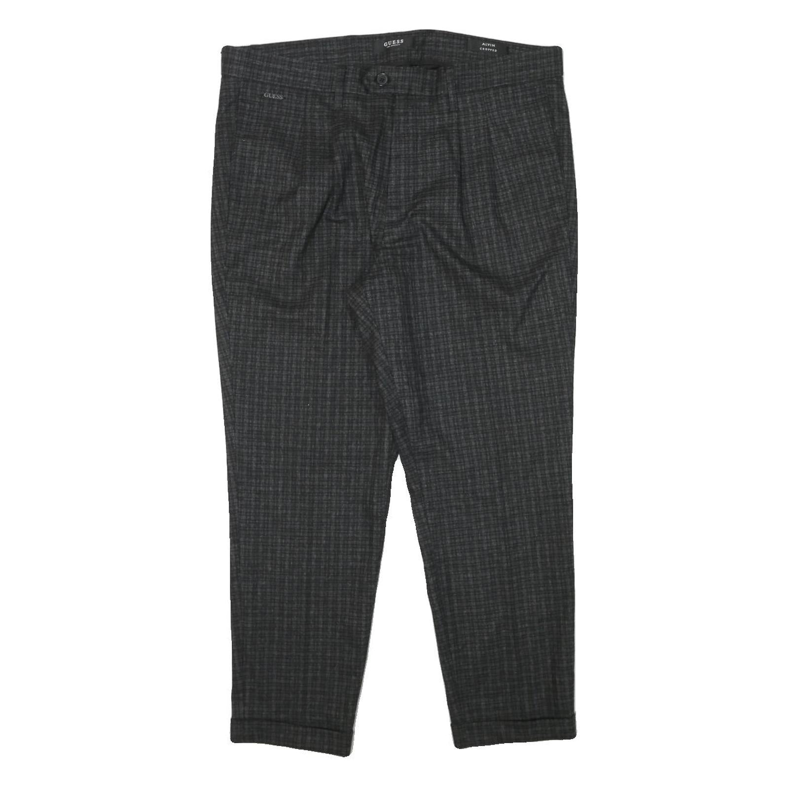 GUESS Mens Viscose Blend Black Slim Straight Trousers W35 L26 Checked Pattern