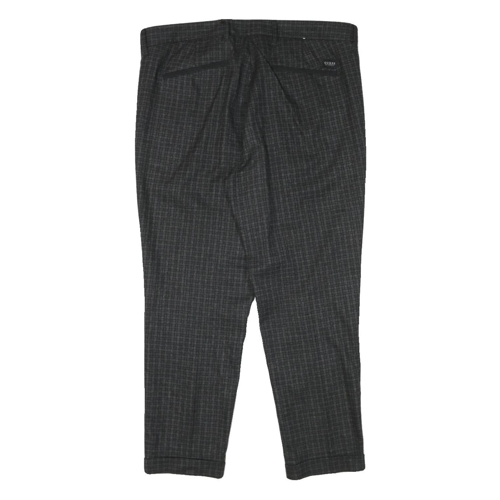 GUESS Mens Viscose Blend Black Slim Straight Trousers W35 L26 Checked Pattern