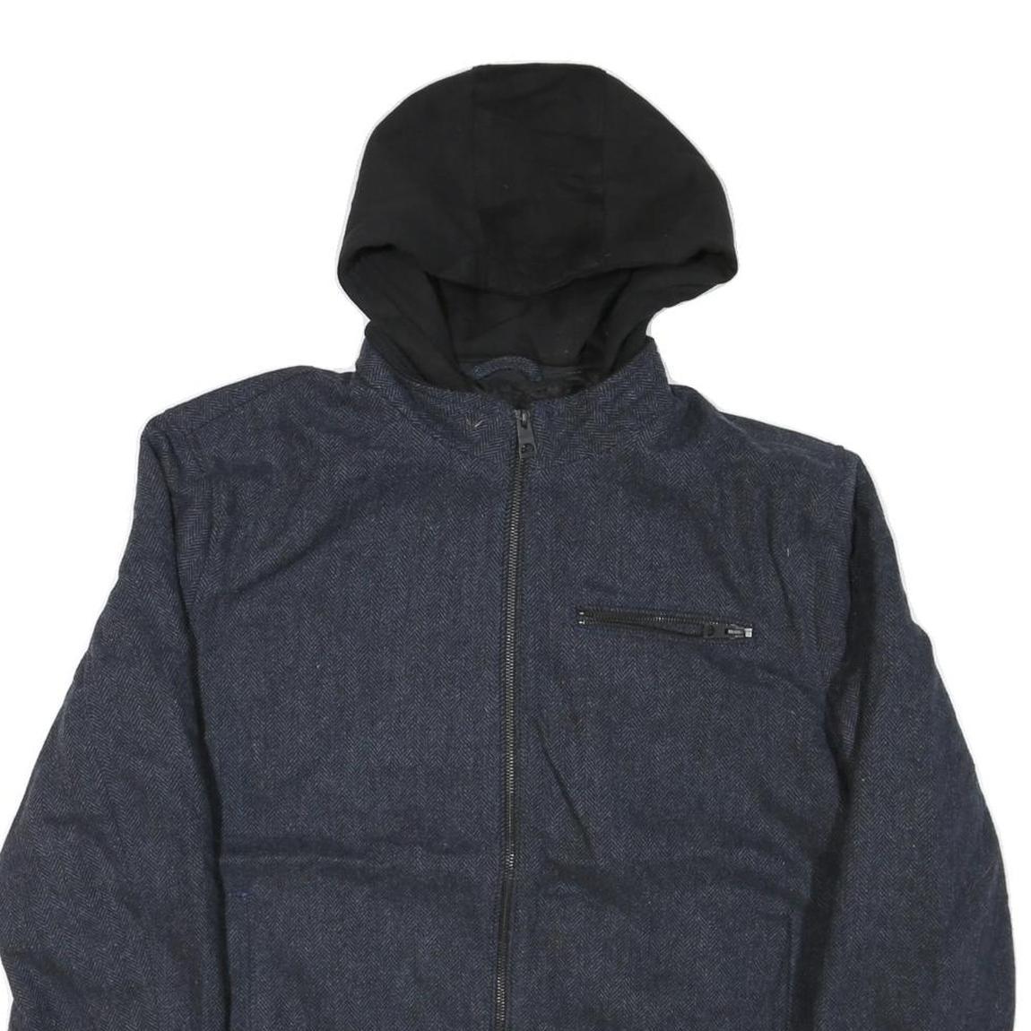 GUESS Mens Blue Black Hooded Cotton Blend Zip Jacket XL Herringbone Casual