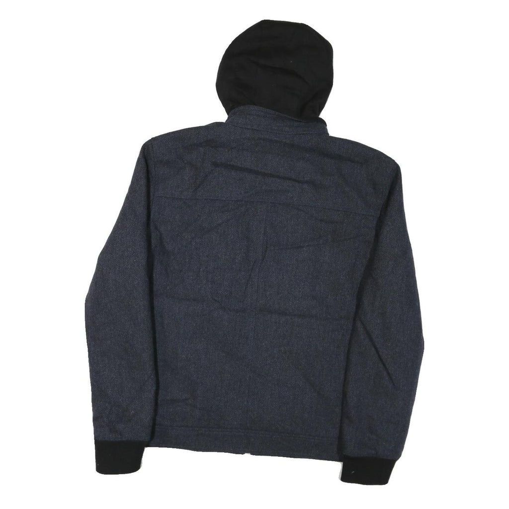 GUESS Mens Blue Black Hooded Cotton Blend Zip Jacket XL Herringbone Casual