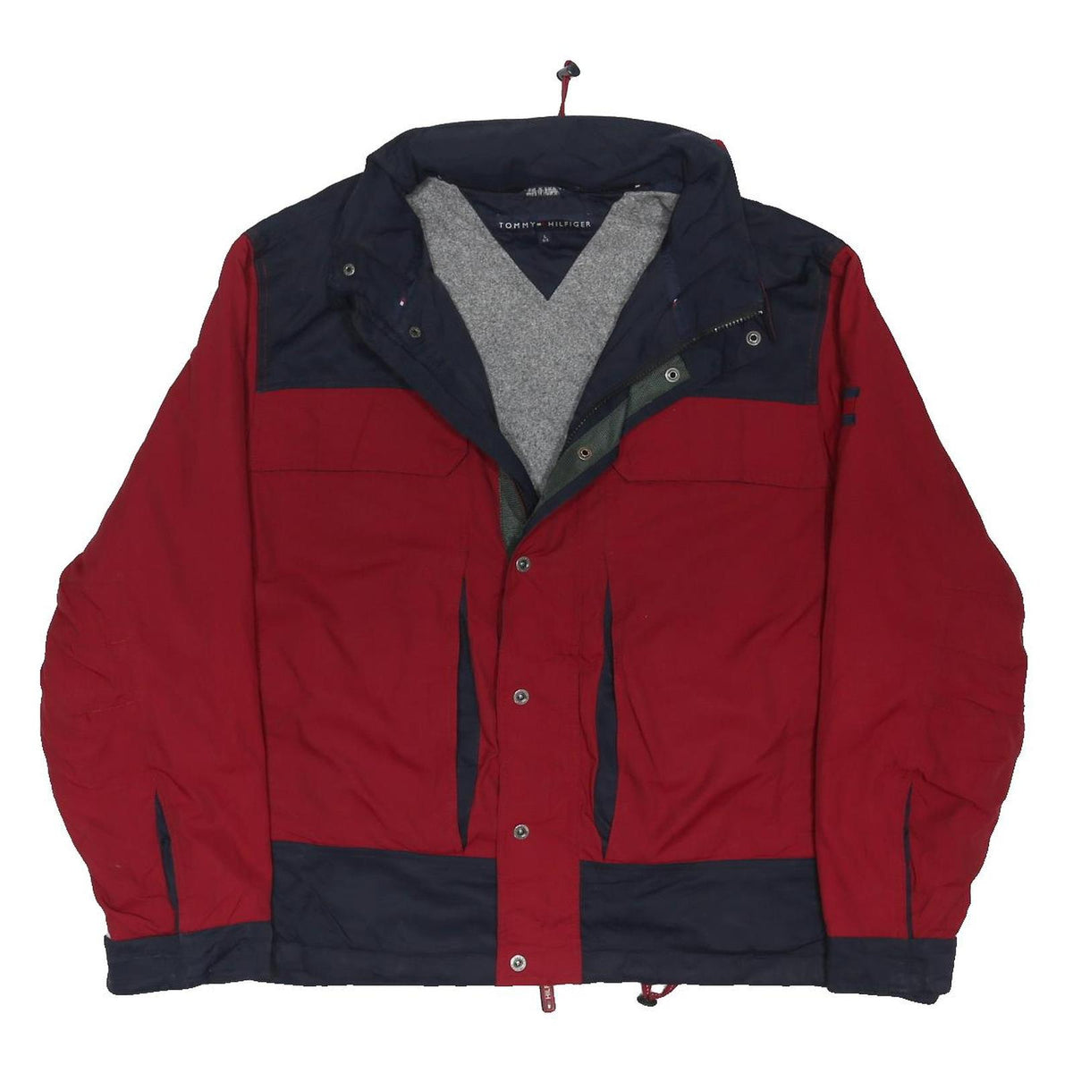 TOMMY HILFIGER Mens Red & Navy Zip Jacket L Polyester Blend Colourblock Casual