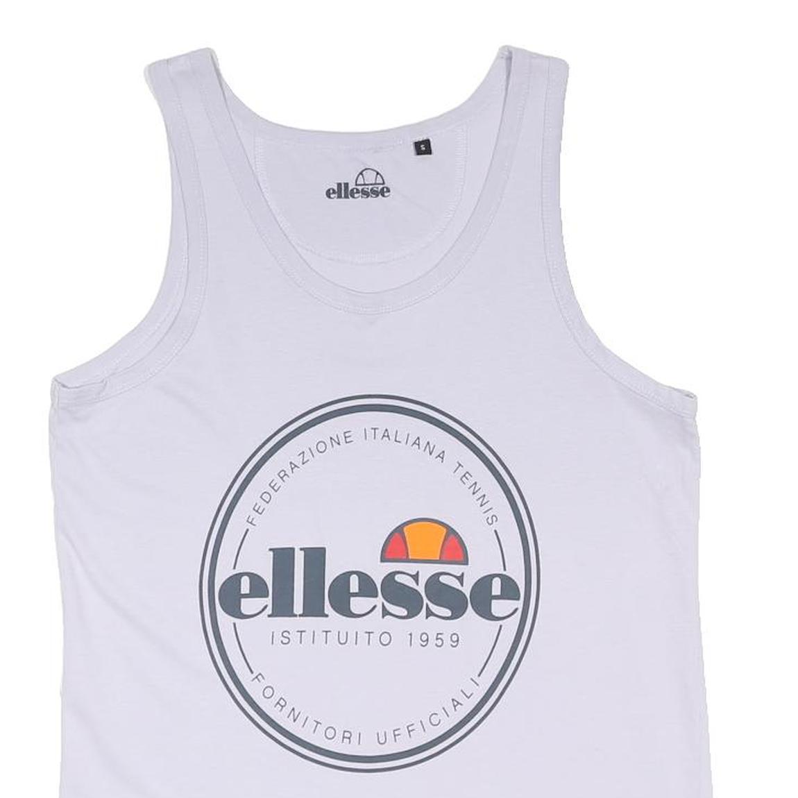 ELLESSE Mens White Cotton Blend Vest S Crew Neck Sleeveless Logo Print Casual