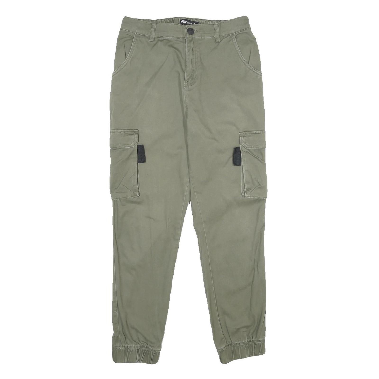 FBSISTER Womens Regular Cotton Blend Green Cargo Trousers W28 L28 Zip Pockets