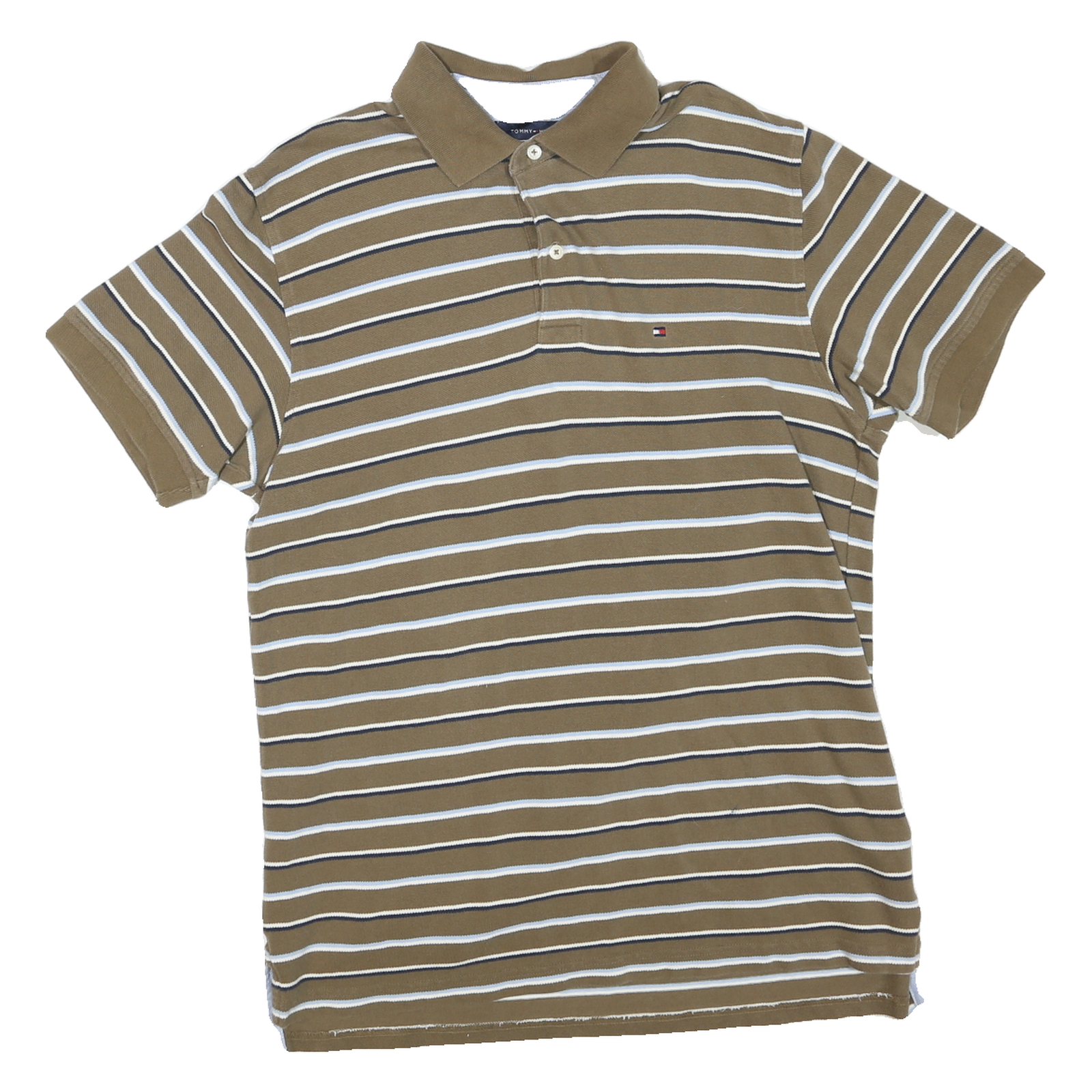 TOMMY HILFIGER Mens Brown & White Striped Short Sleeve Polo Shirt L Cotton Blend