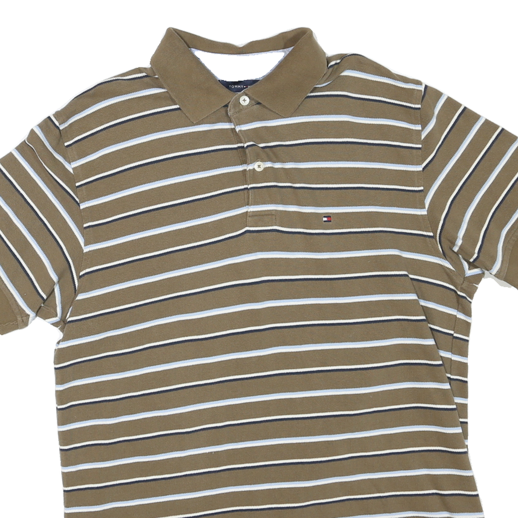 TOMMY HILFIGER Mens Brown & White Striped Short Sleeve Polo Shirt L Cotton Blend