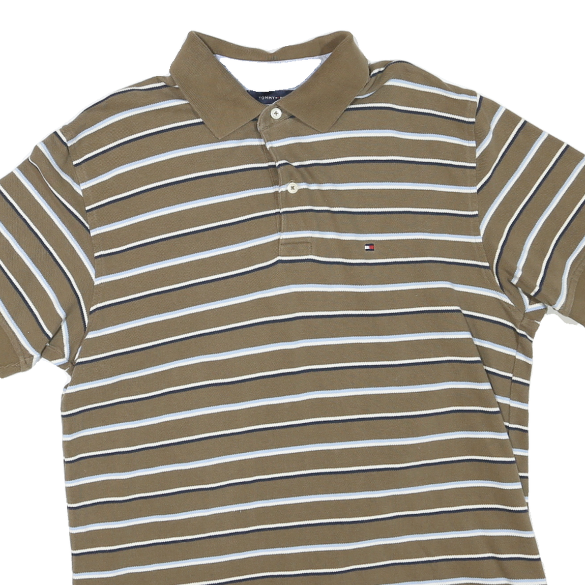 TOMMY HILFIGER Mens Brown & White Striped Short Sleeve Polo Shirt L Cotton Blend