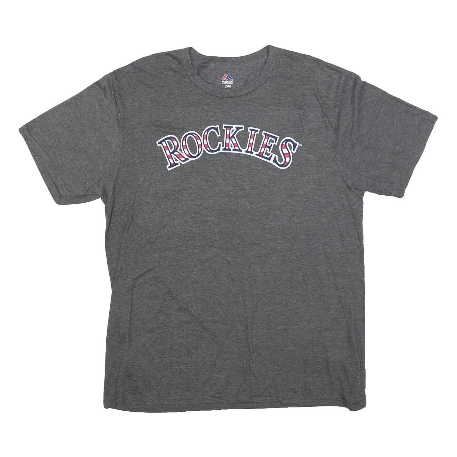 MAJESTIC Mens Grey Rockies Graphic T-Shirt L Short Sleeve Crew Neck Sports